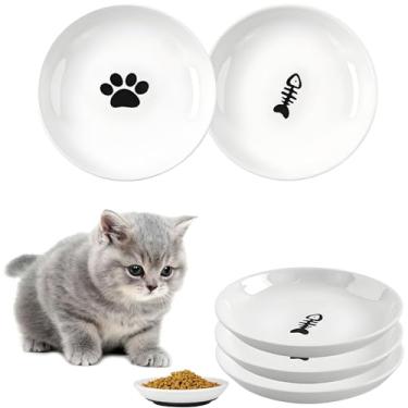 Imagem de Pacote com 3 tigelas de comida de gato, tigelas de cerâmica para gatos, conjunto de tigelas anti-bigode para gatos, pratos largos rasos para comida e água (pata de gato + espinha de peixe)