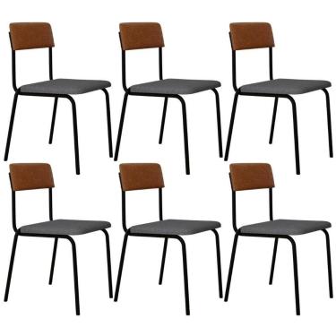 Imagem de Kit 06 Cadeiras Estofada Para Sala De Jantar Sense Preto C01 Linho Cinza Claro Courino Caramelo - Lyam Decor