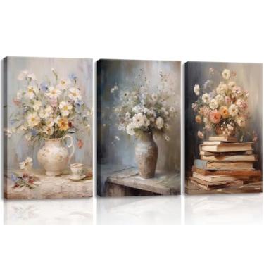 Imagem de DIACEES 3 peças de arte de parede de livro floral vintage margarida branca decoração de parede pôster de flores silvestres país natureza morta impressões em tela para quarto, sala de estar, decoração