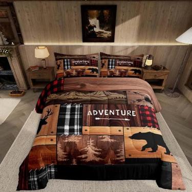 Imagem de Feelyou Conjunto de cama macio para meninos e meninas, caça à vida selvagem, tamanho Queen, rústica, edredom de microfibra para decoração de quarto de fazenda, 3 peças com 2 fronhas