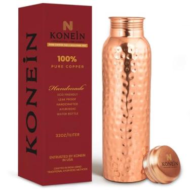 Imagem de KONEIN Garrafa de água 100% cobre, design de acabamento martelado, (1000 ml), garrafa de cobre ayurvédica para água potável com benefícios para a saúde da natureza, à prova de vazamentos, durável e