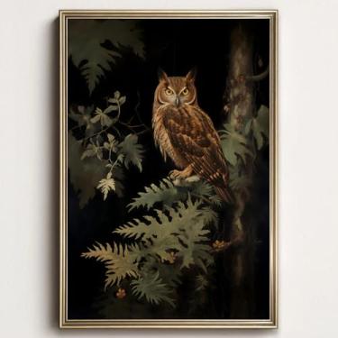 Imagem de Arte de parede de coruja gótica, imagem mal-humorada, pôster de animais da Academia, arte de corujas rústicas, arte de parede, pássaro temperamental, retrato de corujas, vintage, pintura noturna