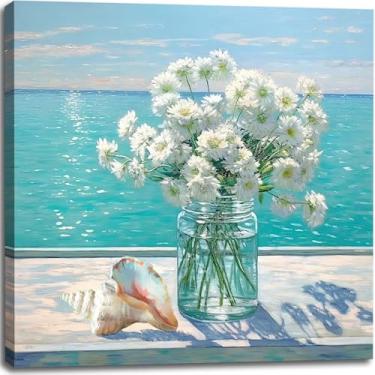 Imagem de Decoração de banheiro, oceano, margarida, flor, arte de parede, litoral, náutico, concha marítima, imagem emoldurada, tema oceano, pintura de paisagem marítima, arte para quarto, decoração de casa