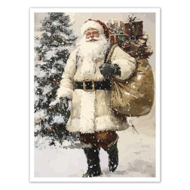 Imagem de Annual Ring Decoração de parede em tela de Natal vintage branco Papai Noel carregando presente decoração de parede de Natal emoldurado/pôster grande impressões de arte de Natal decorações internas 61
