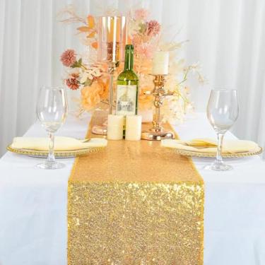 Imagem de Caminho de mesa dourado com lantejoulas de 30,48 x 182,88 cm, caminho de mesa com glitter para artigos de festa de aniversário, decorações de eventos de celebração de casamento