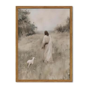 Imagem de Pintura artística de parede Jesus Leaves The 99 Sheep, vintage pastor cristão decoração de parede arte religião cordeiro perdido arenito texturizado desenhado à mão para sala de oração quarto 61x91 cm