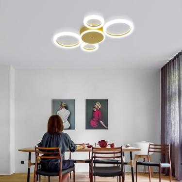 Imagem de Luminária de teto LED moderna para sala de estar, com controle remoto e intensidade regulável, ideal para ambientes internos como quarto, escritório e cozinha (dourada, 5 lâmpadas, 60 cm de
