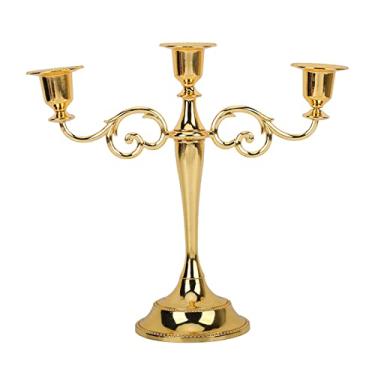 Imagem de Castiçal de metal com 3 braços, alto brilho, retrô, requintado, castiçal para mesas de jantar, decoração de casamento, metal durável, peça central de decoração de casa (Ouro)