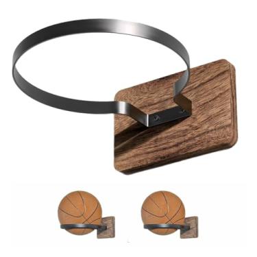 Imagem de Aimto Conjunto de 2 suportes de basquete de madeira para parede, suporte de bola, para armazenamento de basquete, futebol e vôlei, decoração de sala de esportes, para quarto de meninos