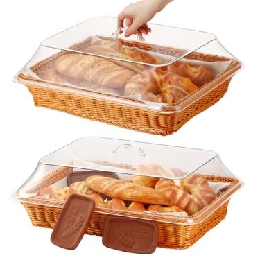 Imagem de LemonRoad Cesta para aquecedor de pão de 45 x 35 x 15 cm. O conjunto inclui toalha de linho, 2 cestas de pão com tampa, 3 pedras aquecedoras de argila para o outono de Ação de Graças, aquecimento de