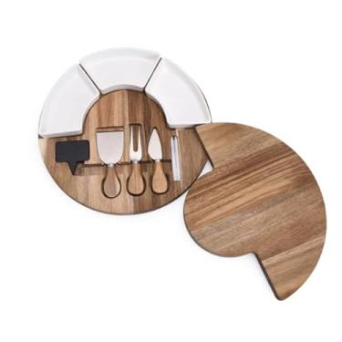 Imagem de ZABEES Conjunto de faca e garfo de queijo, tábua de cortar madeira de acácia, prato ocidental, bandeja de armazenamento de cozinha, pão de frutas, lanche, tigela de cerâmica