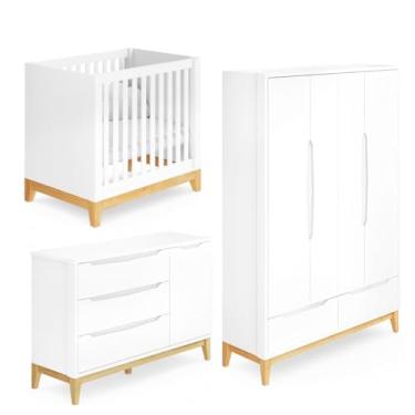 Imagem de Quarto de Bebê Amor Perfeito com Berço Médio, Colchão, Cômoda 3 Gavetas + 1 Porta e Guarda-Roupa 4 Portas MDF e Madeira Maciça, Pintura UV Atóxica e Design Clean
