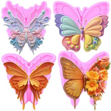 Imagem de MIYAHOUSE Moldes de fondant de borboleta moldes de silicone para decoração de bolos, topo de cupcake, pasta de goma de chocolate, argila de polímero, conjunto de 4