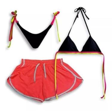 Imagem de Conjunto Biquíni Amarração Neon E Short Tactel Moda Praia-Feminino
