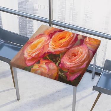 Imagem de hongjinglin Toalha de mesa quadrada para uso ao ar livre com borda elástica, toalha de mesa com pintura de primavera rosa para ambientes externos, ambientes internos, pátio, sala de jantar, cozinha