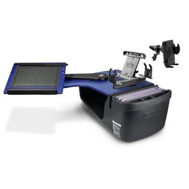 Imagem de AutoExec Alcance o banco traseiro da mesa para a estação de trabalho do seu veículo e escritório móvel, azul, com suporte para impressora, suporte para tablet e clipe de ventilação do telefone