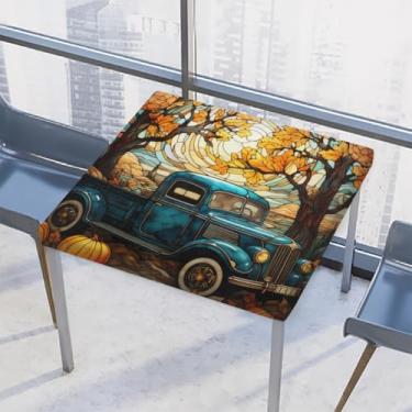 Imagem de hongjinglin Toalha de mesa quadrada para uso ao ar livre com borda elástica, toalha de mesa quadrada limpável, caminhão, abóbora, outono, para decoração de cozinha, para mesas de 117 x 117 cm