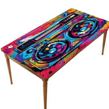 Imagem de hongjinglin Toalha de mesa retangular de 1,8 m elástica ajustada rádio música colorida toalha de mesa elástica retangular capa protetora de mesa lavável à prova d'água para piquenique, jantar, cozinha