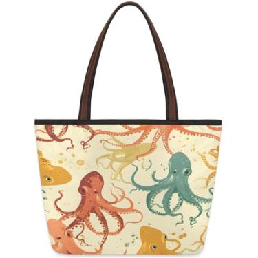 Imagem de Bolsa grande para mulheres animal polvo colorido bonito saco de pano de trabalho com zíper reutilizável mercearia bolsas de mão casual viagem pernoite tote bolsas adequadas para viagens, trabalho