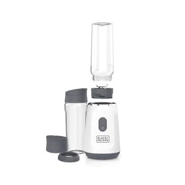 Imagem de BLACK+DECKER Liquidificador Ice Crush de dose única com botão de pressionar/ligar, base, dois potes de liquidificador pessoal de 590 ml, conjunto de lâmina, tampa de viagem, branco