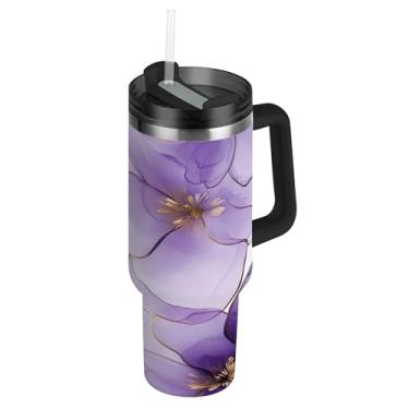 Imagem de SEHANY Copo de mármore roxo de 1,134 g com tampa e canudo, aço inoxidável de vácuo duplo isolado garrafa de água esportiva suporte para copo de café de viagem à prova de vazamento para bebida gelada