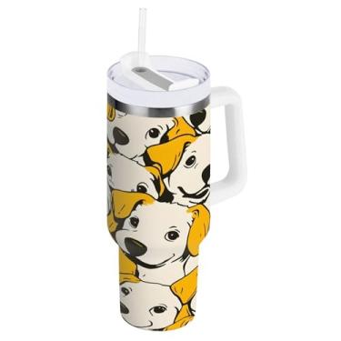 Imagem de Blueangle Copo isolado de 850 g com alça e tampa de canudo - Caneca de viagem de aço inoxidável à prova de vazamento, garrafa de água fofa para cães amarelos a vácuo de parede dupla (303)