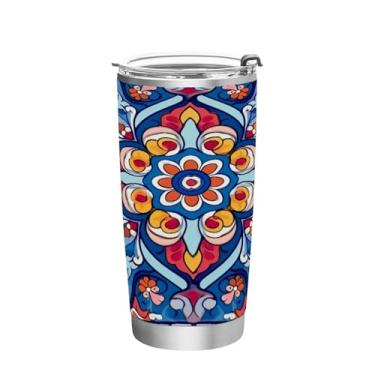 Imagem de Blueangle Copo de 590 ml com tampa e canudo, copo de café com água isolada a vácuo de aço inoxidável, caneca térmica de cerâmica mexicana para bebidas quentes e frias (155)