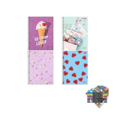 Imagem de Kit Caderno Universitário Vibe Feminino 1M 80F Tilibra + Caneta Trigel Metálica 10 Cores Cis + Marcador Brush Dual Tip 10 Cores Cis