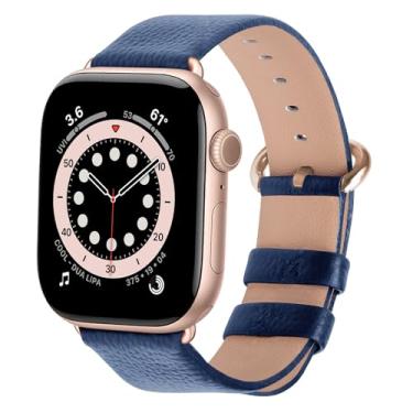 Imagem de Fullmosa Pulseiras de couro compatível com Apple Watch séries 10/9/8/7/6/5/4/3/2/1/SE2/SE, azul/ouro rosa de 41 mm, 40 mm, 38 mm e 42 mm