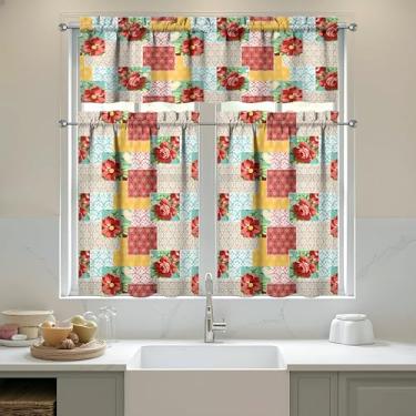 Imagem de sgqjdpmc Conjunto de 3 cortinas de cozinha com flores e sanefas para cozinha, janelas sobre a pia, decoração de casa de fazenda, 70 x 91 cm