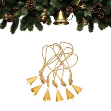 Imagem de Sinos de vaca dourados pequenos para pendurar rústico com corda de juta – Sinos dourados para artesanato, conjunto de 10 sinos de Natal para decoração