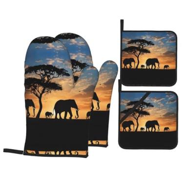 Imagem de Elefante africano - Conjunto de luvas de cozinha estampadas com suportes de tampa, luvas de forno resistentes ao calor para manusear panelas quentes, grelhar, churrascos, kit de 4 peças.