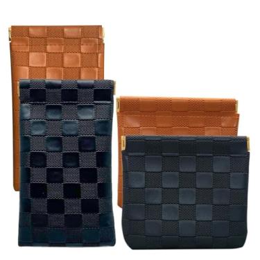 Imagem de CasaVibe 4 peças pequenas bolsas de maquiagem xadrez, mini bolsa de couro impermeável para bolsa, sem zíper, bolsa cosmética portátil para batom, moedas, joias, acessórios de viagem, preto e marrom