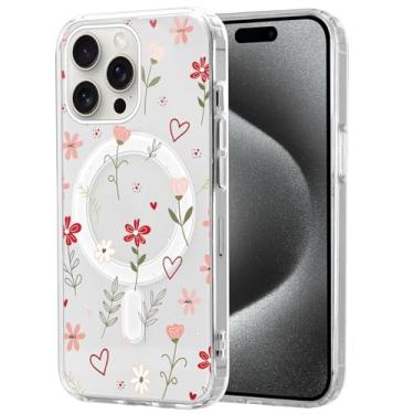 Imagem de Vulfwela Linda capa de telefone magnética de flor transparente para iPhone 15 Pro Max de 6,7 polegadas, compatível com MagSafe, capa de padrão floral vermelho estético de coração fina macia TPU à