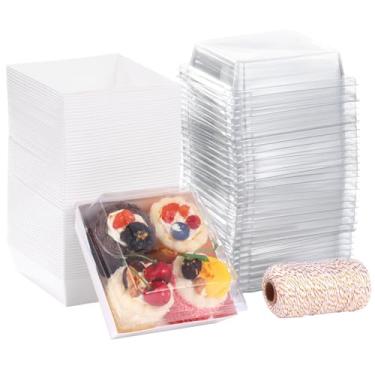 Imagem de Homaisson 150 caixas de charcutaria, recipientes de alimentos descartáveis de 12,4 cm com tampas e fio de algodão, caixas de biscoitos, caixas quadradas de sobremesa de papel para levar, lembrancinhas
