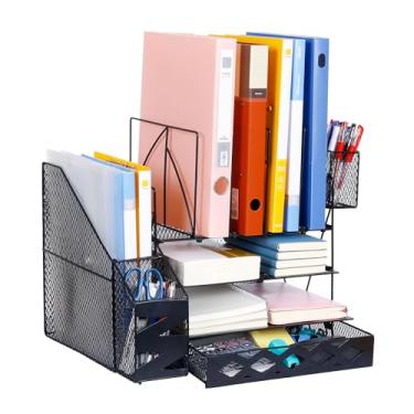 Imagem de Mulaibdin Suporte de arquivo organizador de mesa, bandeja de papel com gaveta, organizador de arquivos de malha com suporte vertical para arquivos e porta-canetas, armazenamento de mesa com suporte de