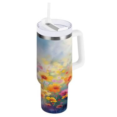 Imagem de Kigai Copo de pintura a tinta de 1,134 g de flores com tampa e palha, copo isolado de aço inoxidável durável à prova de vazamento com alça, garrafas de água à prova de derramamento para viagens