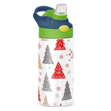 Imagem de WELLDAY Garrafa de água infantil árvores de Natal vermelhas garrafa de água de aço inoxidável com tampa de canudo - livre de BPA, copo isolado a vácuo de parede dupla 350 ml