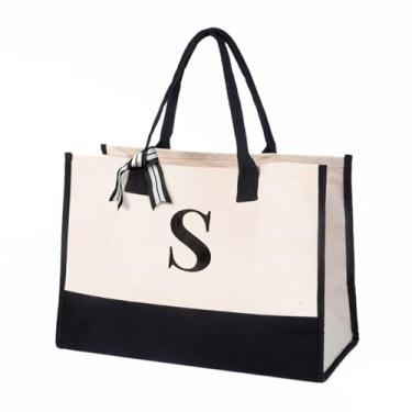 Imagem de Salt Earth Bolsa feminina 100% algodão personalizada para uso diário, bolsa utilitária grande com monograma para praia, viagem, mercearia, melhor presente para aniversário, aposentadoria, dama de