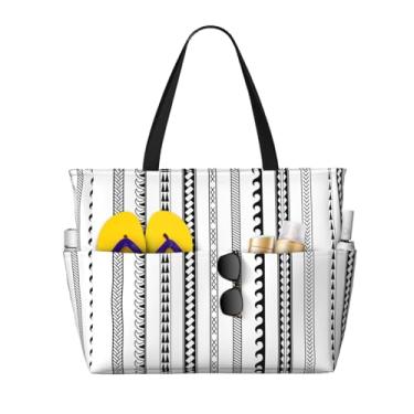 Imagem de SKKNT Sacolas de grande capacidade, estampa boêmia, listras, triângulo, impermeável, areia, praia, academia, viagem, férias, piquenique, preto, tamanho único