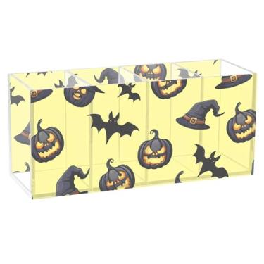 Imagem de Burbuja Abóboras, chapéus de bruxa, morcegos, suporte de caneta de acrílico, 4 compartimentos, suporte de lápis transparente para pincéis de maquiagem, acessórios de mesa de escritório em casa