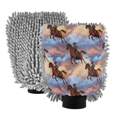 Imagem de STAYTOP Cowboy Rides A Horse Across The Desert Luvas de lavagem de carro, 2 peças, luvas de microfibra de chenille, sem arranhões, panos de esponja de lavagem ultra absorventes para carros, limpeza