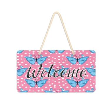 Imagem de Burbuja Placa de boas-vindas com borboletas azuis claras para porta da frente, placa de boas-vindas de PVC para decoração de férias, 15 x 28 cm