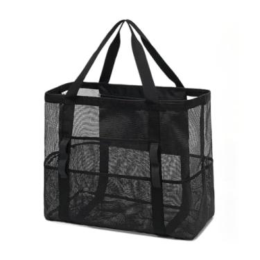 Imagem de Pssopp Sacola de Praia de Malha Grande, Bolsa Dobrável para Natação Em Piscina Com Vários Bolsos de Armazenamento para Brinquedos, Toalhas e Itens Essenciais para Férias (BLACK)
