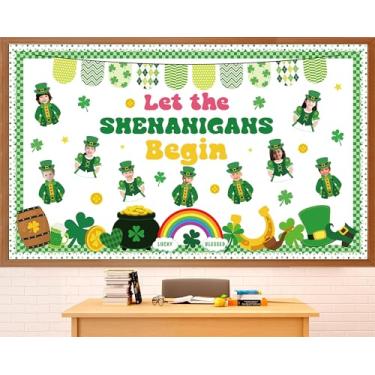 Imagem de Conjunto de decoração de quadro de avisos para o dia de São Patrício, duende, faça você mesmo, recortes para fotos, trevo da sorte, arco-íris, decoração de sala de aula irlandesa para festas de fim de