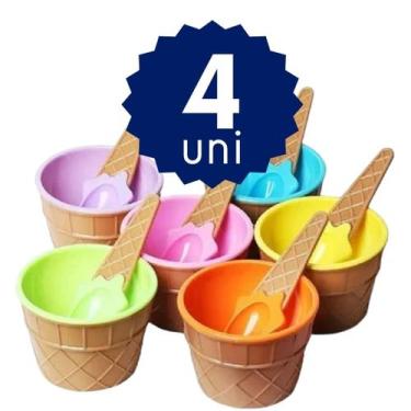 Imagem de Jogo Pote Potinho Tigela Casquinha Plástico com Colher para Sorvete So