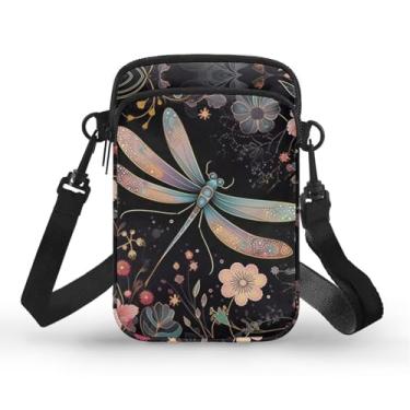 Imagem de CLOHOMIN Bolsa transversal para celular, mini bolsa tiracolo feminina e masculina com bolsos com zíper, Libélula floral
