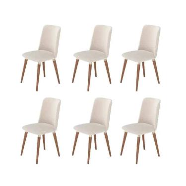 Imagem de Kit de 6 Cadeiras de Madeira Maciça Estofada Dakota - Natural c/ Linho Off White - Champanhe