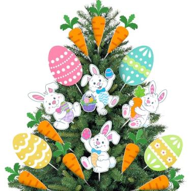 Imagem de 16 palhetas de árvore de Páscoa extragrande, 20 cm, incluindo ovo e cenoura, decorações coloridas, enfeites de árvore para páscoas, decoração de festa de primavera
