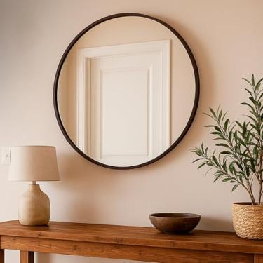 Imagem de Espelho Redondo Decorativo com Couro Costurado e Suporte de Fixação – Espelho de Parede para Sala Quarto Banheiro e Hall 30cm 40cm 50cm 60cm (Kit 3 30cm - Caramelo)